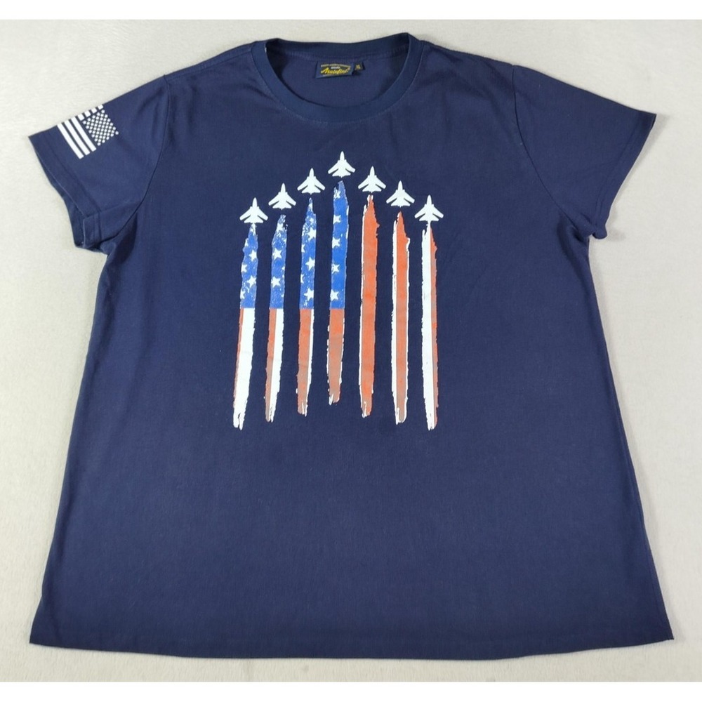Mainfini Shirt‎ Mens XL Blue Patriotic USA Flag Fighter Jet Graphic Tee America